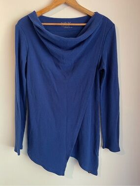 Marc New York Performance Cowl Neck Waffle Knit Top Blue XL Asymmetric Hem